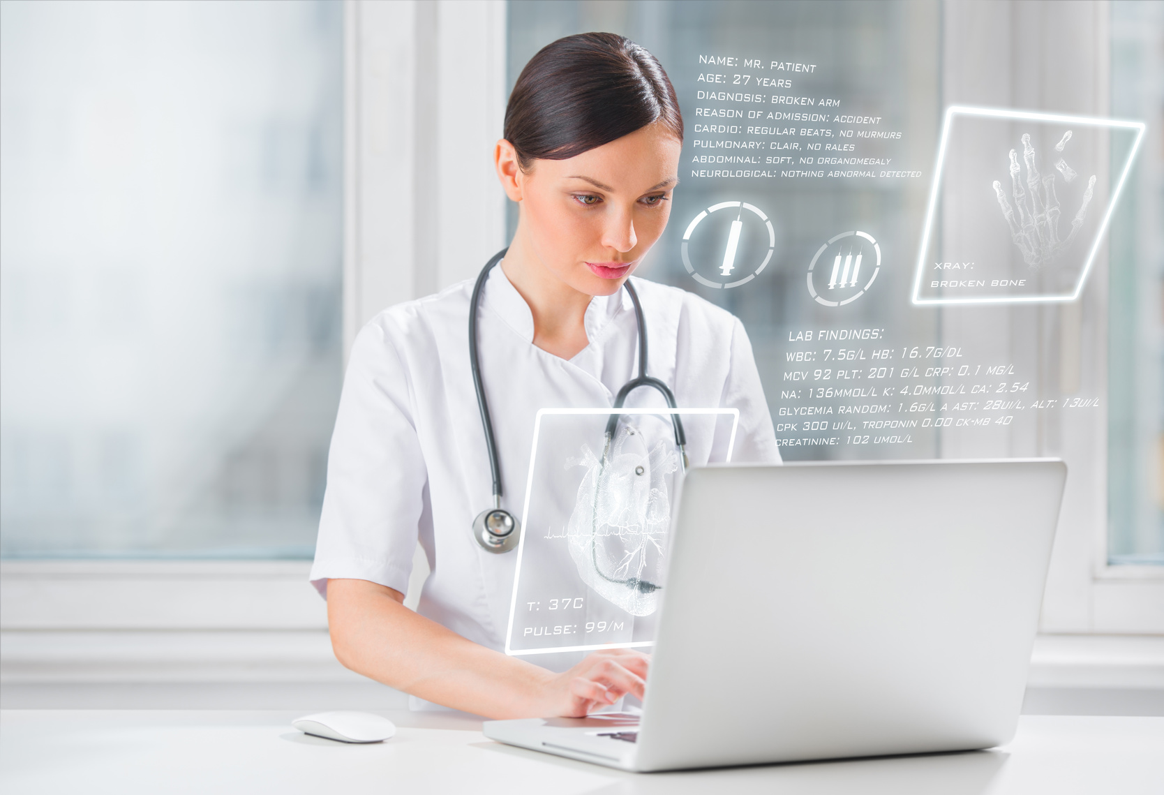 Pretty female medicine doctor working with modern computer inter